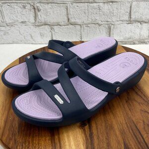 Crocs Patricia 10386 Womens 10 Wedge Navy Lavender Strappy Sandals Slides